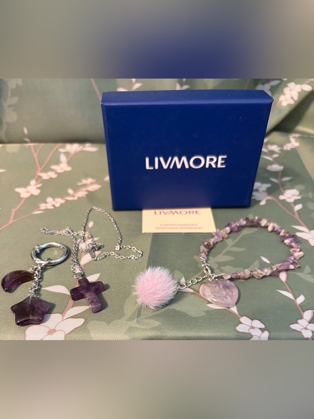 Pink Pom-Pom and Amethyst Stone Necklace Set - Women's Accessory